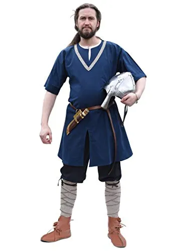 Battle-Merchant Mittelalter Tunika Ailrik | Kurzarm Wikinger Hemd für Herren - Kostüm-Oberteile für Erwachsene, ideal für LARP und Reenactment, aus 100% Baumwolle mit historischer Borte und Schlitz für Komfort beim Reiten.