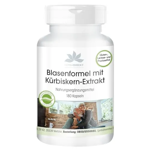 Blasen Formel mit Kürbiskern-Extrakt - 180 Kapseln - mit Goldrutenkraut, Johanisskraut und Vitamin E - vegan | HERBADIREKT by Warnke Vitalstoffe - Deutsche Apothekenqualität
