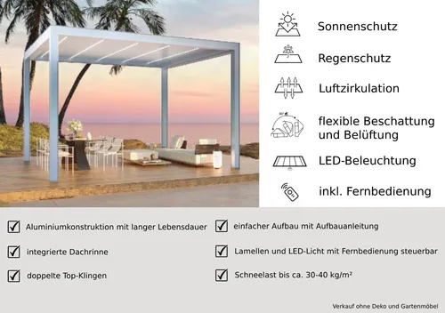 Weißer Gartenpavillon mit motorisiertem Dach und LED-Licht 3x4x2,7m - Moderner Gartenpavillon aus langlebigem Aluminium, UV-geschützt und mit PU-Beschichtung. Ideal für entspannte Stunden im Freien, inklusive Befestigungsmaterial.