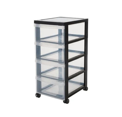 Kreher Rollcontainer Rollwagen mit 4 großen Schubladenelementen (Schwarz/Transparent) - Rollcontainer mit 4 geräumigen Schubladen, ideal für Büro und Zuhause, platzsparend und mobil dank Rollen.