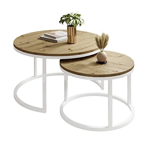 lukmebel Couchtisch CIRI 2in1 - Rund, Weiß & Artisan Eiche - Beistelltisch-Set für das Wohnzimmer, vielseitig und platzsparend. Hochwertige Materialien mit modernem Design, ideal für Loft- und Wohnräume.