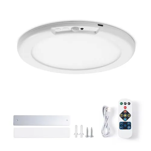 Leselux Akku Deckenlampe mit Bewegungsmelder, 6000mAh Aufladbar Batterie Deckenleuchte mit Fernbedienung, Ohne Stromanschluss 3 Modi Dimmbar 3000K/4500K/6500K, für Flur Treppe Balkon Garage, Φ19CM