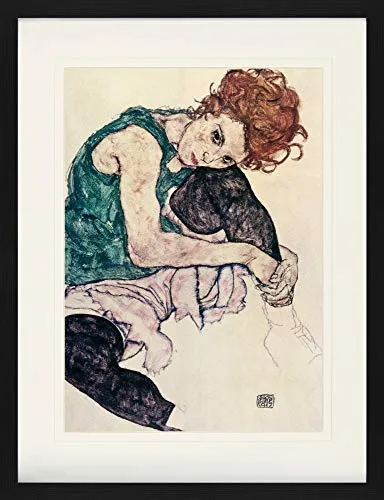 1art1 Egon Schiele Poster - Die Frau des Künstlers, Sitzende Frau, 1917 - Hochwertiger Kunstdruck auf 230g/m² Premiumpapier, edles Passepartout und schwarzer MDF Rahmen. Ideal für Kunstliebhaber, Maße: 80 x 60 cm, fertig zum Aufhängen.