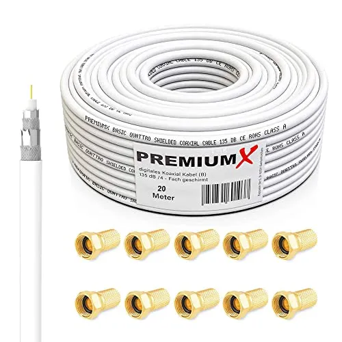 Premium X 20m BASIC Koaxialkabel 135dB 4-fach SAT Antennenkabel Koax-Kabel DVB-S / S2 DVB-C und DVB-T BK Anlagen 10x F-Stecker