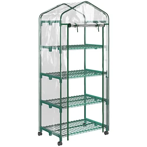 Outsunny Foliengewächshaus mit Rolle und Regal - Garten-Zubehör für optimale Pflanzenanzucht: Das stabile Mini-Gewächshaus aus pulverbeschichtetem Stahlrahmen bietet vier Fachböden und Schutz vor Witterungseinflüssen.