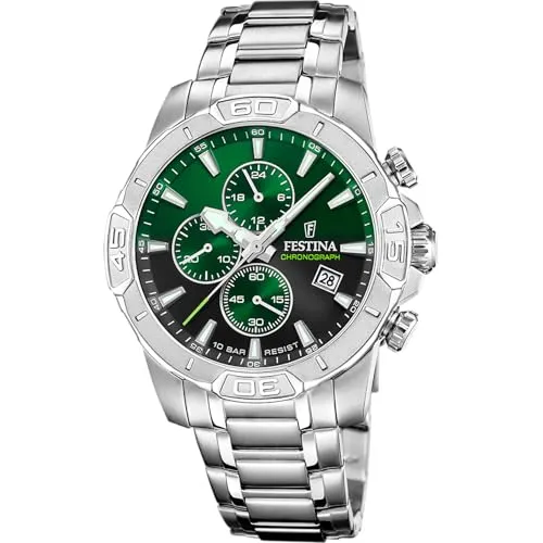 Festina F20704/5 Timeless Chronograph - Elegante Armbanduhr für Herren mit grünem Zifferblatt, 10 bar wasserdicht und robustem Edelstahl-Gehäuse – der perfekte Begleiter für jeden Anlass.