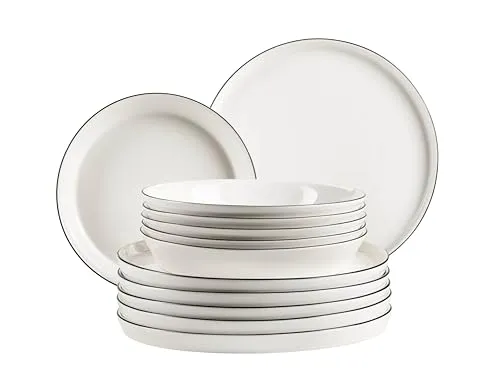 MÄSER Sita Teller Set für 6 Personen - 12-teiliges Essgeschirr aus elegantem weißen Porzellan mit schwarzem Rand. Ideal für den täglichen Gebrauch, spülmaschinen- und mikrowellengeeignet.