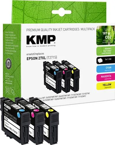 KMP Multipack für Epson WorkForce WF-3600 WF-7600 - 3x1.100 Seiten Reichweite, 36 Monate Qualitätsgarantie und kompatibel mit mehreren Epson Modellen