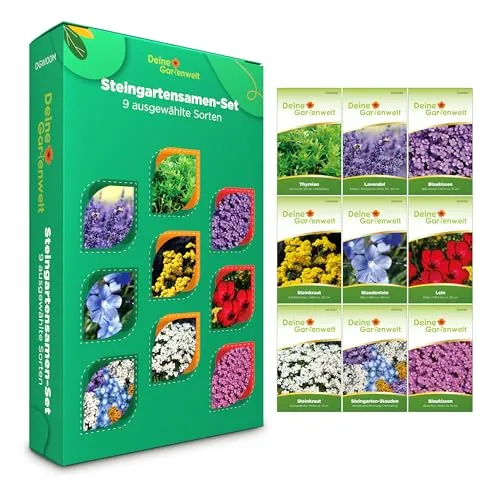 Steingartensamen Set - 9 Sorten für farbenfrohe Steingärten - Blumensamen & -pflanzen: Hochwertiges Saatgut für eine langanhaltende Blütenpracht mit beliebten Sorten wie Thymian und Lavendel, ideal für Garten, Balkon und Beete.