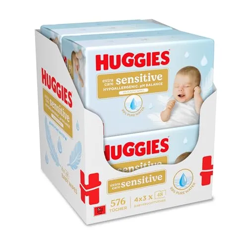 Huggies Pure Extra Care Sensitive Baby-Feuchttücher, 99 Prozent Wasser, ohne Plastik, 12er Pack (4 x 3 Packungen, 576 Tücher), parfümfrei