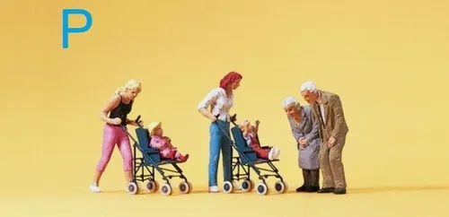 Preiser 10493 Mütter mit Kinder in Wagen und Großeltern in OVP