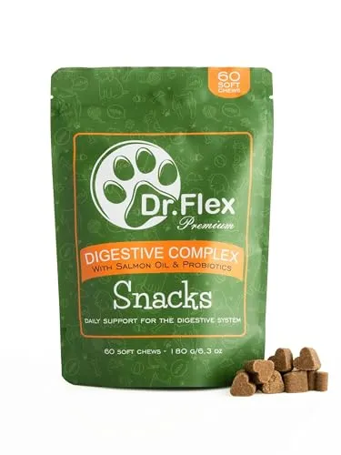Dr. Flex Hundeleckerli Probiotika für Hunde 60 Soft-Chews mit Kolostrum, Bierhefe, Lachsöl, Cichorée, Enterococcus faecium für Verdauung, gesunde Darmflora Hund, Immunsystem und Wohlbefinden