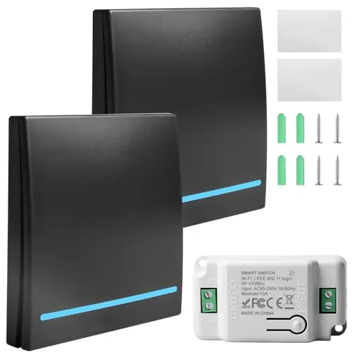 Stück 230V Lichtschalter Set, wifi+RF 433MHZ Funk Lichtschalter mit Empfänger, Drahtlos Schalter, Reichweite von 30M,Funk-Sender, 2 Schalter und 1 Empfänger 2