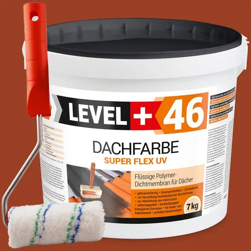 Level+ Dachfarbe L+46 Ziegeldrot - 7KG mit Farbroller - Dachfarbe für perfekte Abdichtung, hochelastisch und UV-beständig. Ideal für verschiedene Untergründe und schützt vor mikroskopischen Rissen.