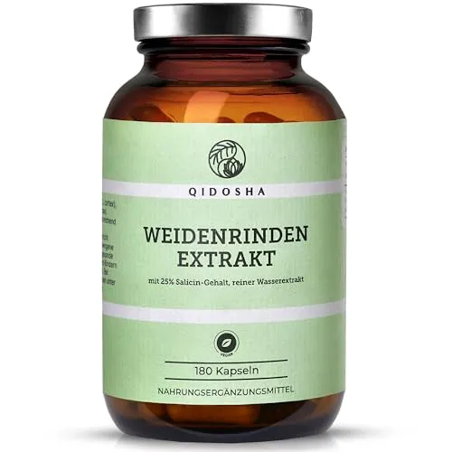 QIDOSHA® Weidenrindenextrakt 25% Salicin - 180 Kapseln im Apothekerglas - Hochwertiger Weidenrindenextrakt mit 25% Salicin in veganen Kapseln. Rein durch Wasser extrahiert, ohne Zusatzstoffe. Hergestellt in Deutschland und in nachhaltigem Glas verpackt.