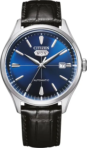 Citizen Herrenuhr Automatik Silberfarben/Blau - Armbanduhr für Herren mit analoger Anzeige, leuchtenden Zeigern und edlem schwarzem Kroko-Look Lederband – ideal für stilbewusste Männer.