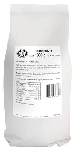 RUF Backpulver 1000g - Glutenfreies Backtriebmittel für Kuchen & Brötchen - Backpulver in Großpackung (1 kg) für 28 kg Mehl, perfekt für glutenfreies Backen und vielseitig einsetzbar als Hausmittel zur Reinigung.