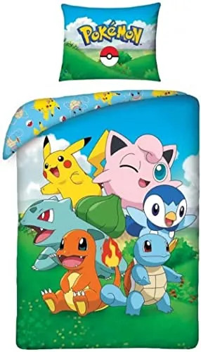 Pokemon Set Einzelbett Bettbezug 140x200 cm mit Kissenbezug - Bettbezug-Set für Einzelbetten, 100% Baumwolle, wendbar und pflegeleicht. Ideal für Pokémon-Fans, Maße: 140 x 200 cm, inklusive Kissenbezug.