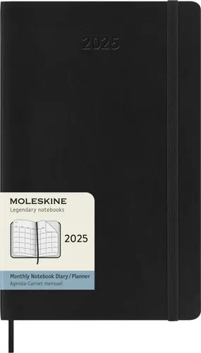 MOLESKINE Buchkalender 2025 - Weicher Einband Schwarz L/A5 - Kalender für 12 Monate mit Notizseiten, ideal für Planung und Organisation. Enthält Aufkleber zur Personalisierung und praktische Tools für Ideen und Ziele.