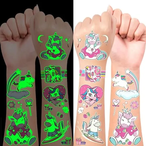 LEADTEAM Einhorn Geschenke für Mädchen, 12 Blätter Tattoo Kinder Leuchtende Kindertattoos Sticker, Spielzeug Geburtstagsdeko Mitgebsel Kindergeburtstag Deko Adventskalender Füllung Weihnachtsgeschenke