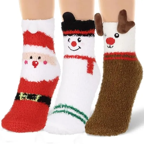 BETESSIN 3 Paar Weihnachtssocken Unisex Kinder 34-39 - Flauschige Socken Weihnachten - Adventskalender Socken - Weihnachtsstrümpfe Kuschelsocken Wintersocken für Damen und Kinder