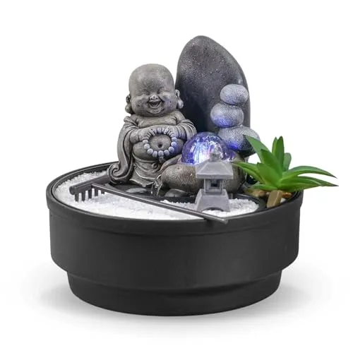 Zimmerbrunnen Zen Garten, Buddha-Statue, abnehmbar, buntes LED-Licht, Dekoration für entspannende Atmosphäre, Garten, Zen, weißer Sand, Tischbrunnen, geschlossener Kreislauf, H21 cm – Sikhi Zen'Light