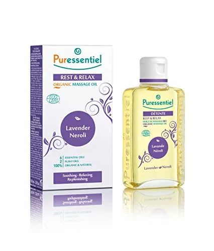 Puressentiel BIO Massageöl Entspannung Beruhigend ab 3 Jahren 100 ml | Lindert alltägliche Anspannungen und fördert einen erholsamen Schlaf. Mit 6 ätherischen Ölen und 2 Pflanzenölen.