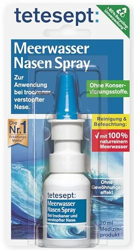 Tetesept Meerwasser Nasenspray - Arzneimittel zur Befeuchtung und Reinigung der Nase, ideal bei trockenen Umgebungen. Schützt die Nasenschleimhaut mit naturreinem Meerwasser.