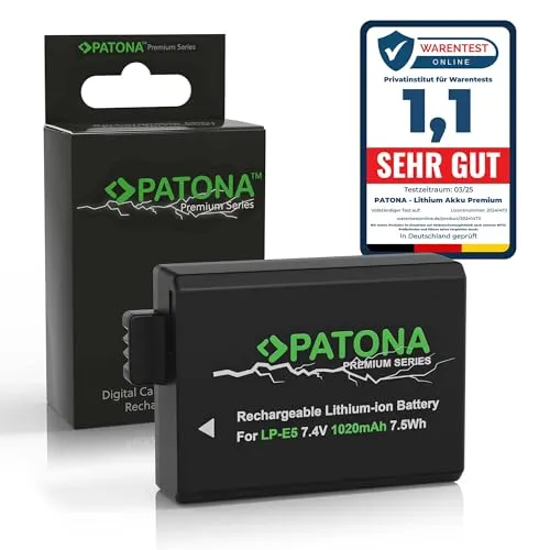 PATONA Premium Akku Ersatz für Canon LP-E5 (1020mAh 7.4V 7.5Wh) Kompatibel mit EOS 450D 500D 1000D Kiss X3 X2 F Rebel XS XSi T1i Ersatzakku LPE5 LP E5