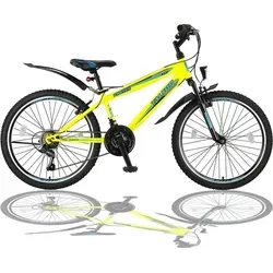 Zoll MTB mit Beleuchtung und SHIMANO 21-Gang Gelb 26 - 26 Zoll Mountainbike mit 21-Gang und Gabelfederung, ausgestattet mit batteriebetriebener Beleuchtung für sicheres Fahren bei Dunkelheit. Ideal für Körpergrößen von 145-170 cm.