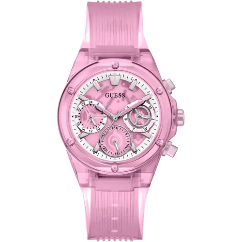 Guess Athena GW0438L2 Damenuhr - Rosa/Rosa - Damenuhr mit multifunktionalem Quarzwerk, wasserdicht bis 3 ATM und stylischem rosa Zifferblatt. Ideal für modebewusste Frauen, die Funktionalität und Design schätzen.