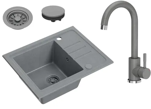 VBChome Spülbecken Granit Grau mit Armatur 55 x 44 cm Einzelbecken Einbauspüle Gesprenkelt Reversibel Granitspüle Grau Siphon Waschbecken