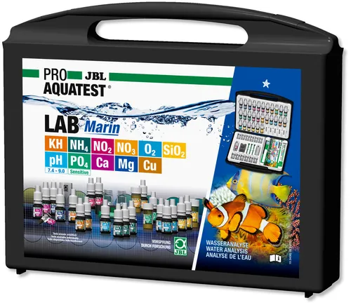 JBL Wassertest-Koffer mit 11 Tests - Test-Sets für Aquarien: Umfangreiche Kontrolle der Wasserwerte für Meerwasser-Aquarien, inklusive sicherer Aufbewahrung und kinderfreundlichen Reagenzflaschen.