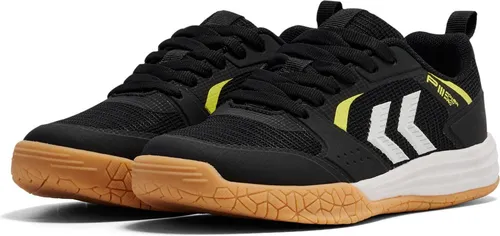 hummel Hallen-Indoorschuhe PIII Power Plaz Pro LC schwarz/weiß/gelb Kinder, Größe 38 (US 6) - Leichte Hallen-Indoorschuhe für Kinder mit atmungsaktivem Obermaterial und gepolsterter EVA-Zwischensohle. Die griffige Gummiaußensohle sorgt für Stabilität und Halt in der Halle.