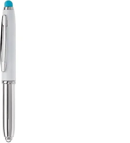 Touchpen Kugelschreiber / mit LED Licht / Farbe: silber/weiß mit türkisen Stylus