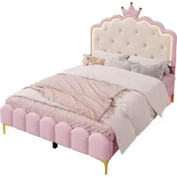 Prinzessinbett mit Lattenrost und LED-Beleuchtung, 140x200 cm, Mädchenbett, Polsterbett für Mädchen, Doppelbett, Kunstleder - Rosa