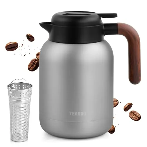 Focenat Thermoskanne 1,5L mit Siebeinsatz, Doppelwandingem 316 Edelstahl, 24h Heiß Kaffeekanne, Kaffee & Teekanne, Isolierkanne Tee, kein Leck, kein Tropfen