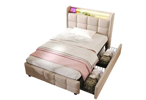 Flieks Polsterbett mit LED-Beleuchtung - Einzelbett 90x200cm in beige, mit praktischer Ladefunktion und 2 Schubladen für zusätzlichen Stauraum – ideal für kleine Räume!