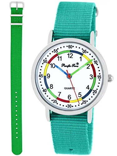 Pacific Time Lernuhr Mädchen Jungen Kinder Armbanduhr 2 Armband türkis + grün analog Quarz 10018