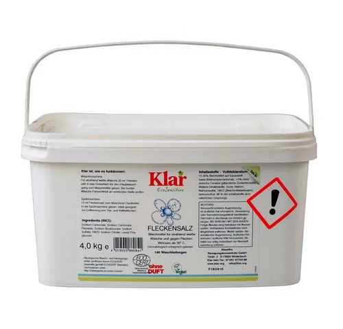 Klar eco Sensitive Fleckensalz 4kg, vegan ohne Duft - Teppichreiniger mit aktivem Sauerstoff, entfernt hartnäckige Flecken ab 30 °C und verhindert Grauschleier für strahlend weiße Wäsche.