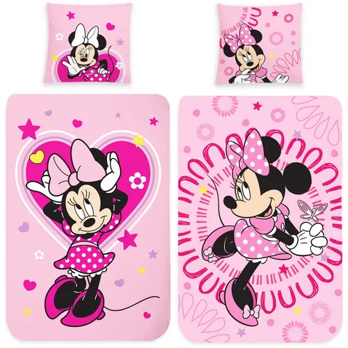 Minnie Mouse Bettwäsche Sweet Pink | 100% Baumwolle Biber - Bettwäsche für Kinder, wendbar und aus 100% Baumwolle in Biber-Qualität, ideal für einen gemütlichen Schlaf mit Disney-Motiven.