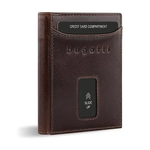 bugatti Secure Slim Mini Börse mit XL-Münzfach und RFID-Schutz - Herren-Geldbörse aus hochwertigem Rindleder, bietet Platz für 6 Karten und 100-Euro-Scheine. Das innovative Swipe-Up-Kartensystem ermöglicht einfachen Zugriff, während der integrierte RFID-Schutz Ihre Daten sichert.