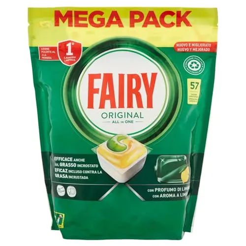 Fairy Spülmaschinentabs, Klarspüler, 57 Spülmaschinentabs, Original Zitrone, Reinigungswirkung bei der ersten Wäsche, wirksam auf verkrustetem Fett mit Glanzwirkung