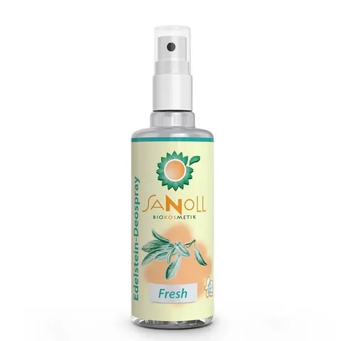 Sanoll Edelstein-Deospray Fresh 100ml - Deospray mit energetisierenden Edelsteinen für kühle Frische und zuverlässigen Schutz den ganzen Tag. Ideal für eine erfrischte Hautpflege!
