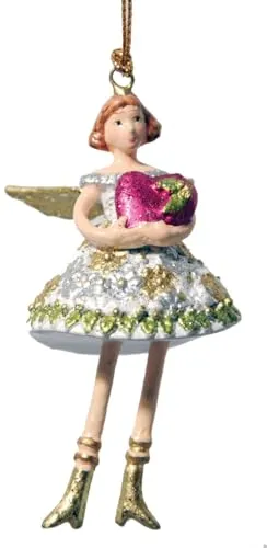 ecosoul Kleiner Engel mini für kleinere Weihnachtsbäume Weihnachten Deko Hänger Christbaumschmuck Baumschmuck ca. 8cm Kunstharz handbemalt (Creme-Gold mit kurzem Kleid und Herz)