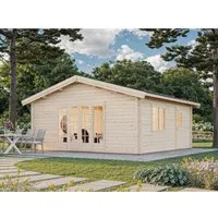 Gartenhaus Holz 70mm IRENE 560x560cm - Geräumiges Gartenhaus mit 70mm Wänden in Naturholz, ideal für Lagerung oder Freizeitgestaltung, bietet eine großzügige Abdeckung von bis zu 36 m².