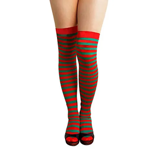 Oblique Unique® Sexy Ringel Overknee Strümpfe Strumpfhose Halterlos Rot Grün für Party Fasching Karneval Kostüm