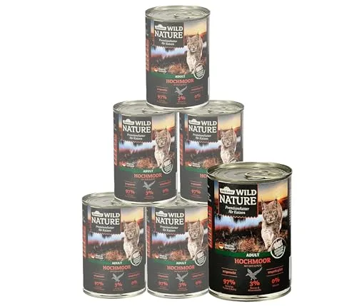 Dehner Wild Nature Katzenfutter Hochmoor, Nassfutter getreidefrei, für ausgewachsene Katzen, Ente / Pute, 6 x 400 g Dose (2.4 kg)