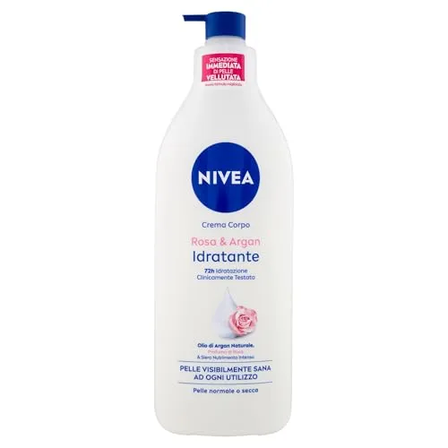 NIVEA Feuchtigkeitsspendende Körpercreme Rosa & Argan, 500 ml, Feuchtigkeitscreme 72h, parfümierte Körpercreme mit reiner Hyaluronsäure und intensivem Nährserum, feuchtigkeitsspendende Körpercreme für