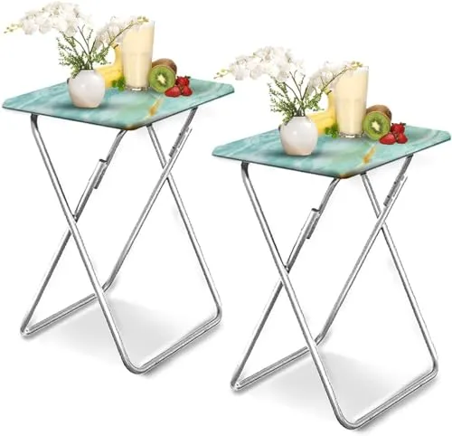 Beistelltisch Klappbar, Balkontisch Klappbar, Klapptisch Klein, Foldable Table, Kleiner Beistelltisch Outdoor, Für Wohnzimmer Esszimmer Terrasse Garten, Rechteckig, Blauer Marmor(2pcs), 37x47x66cm